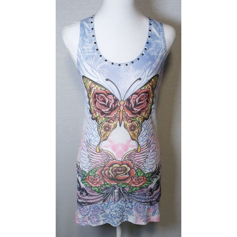 Vintage Y2K Wet Seal Butterfly Rose Racerback Tunic Tank Top Size XL